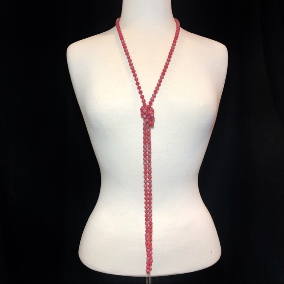 Super Long Red Glass Beaded Necklace Earrings Set - Picture 2 of 7